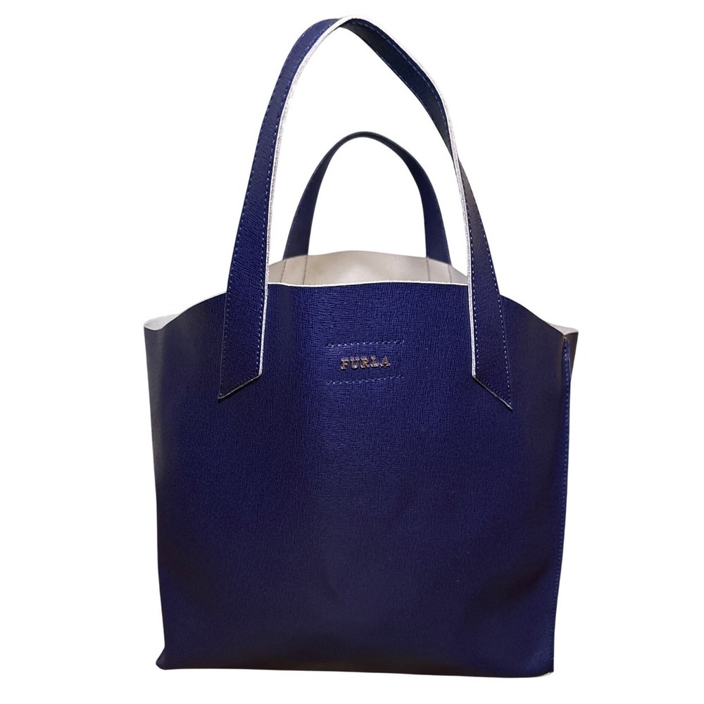 Furla Jucca Indigo Saffiano Leather Tote Bag Structured Top Handle Satchel Italy - Picture 4 of 16